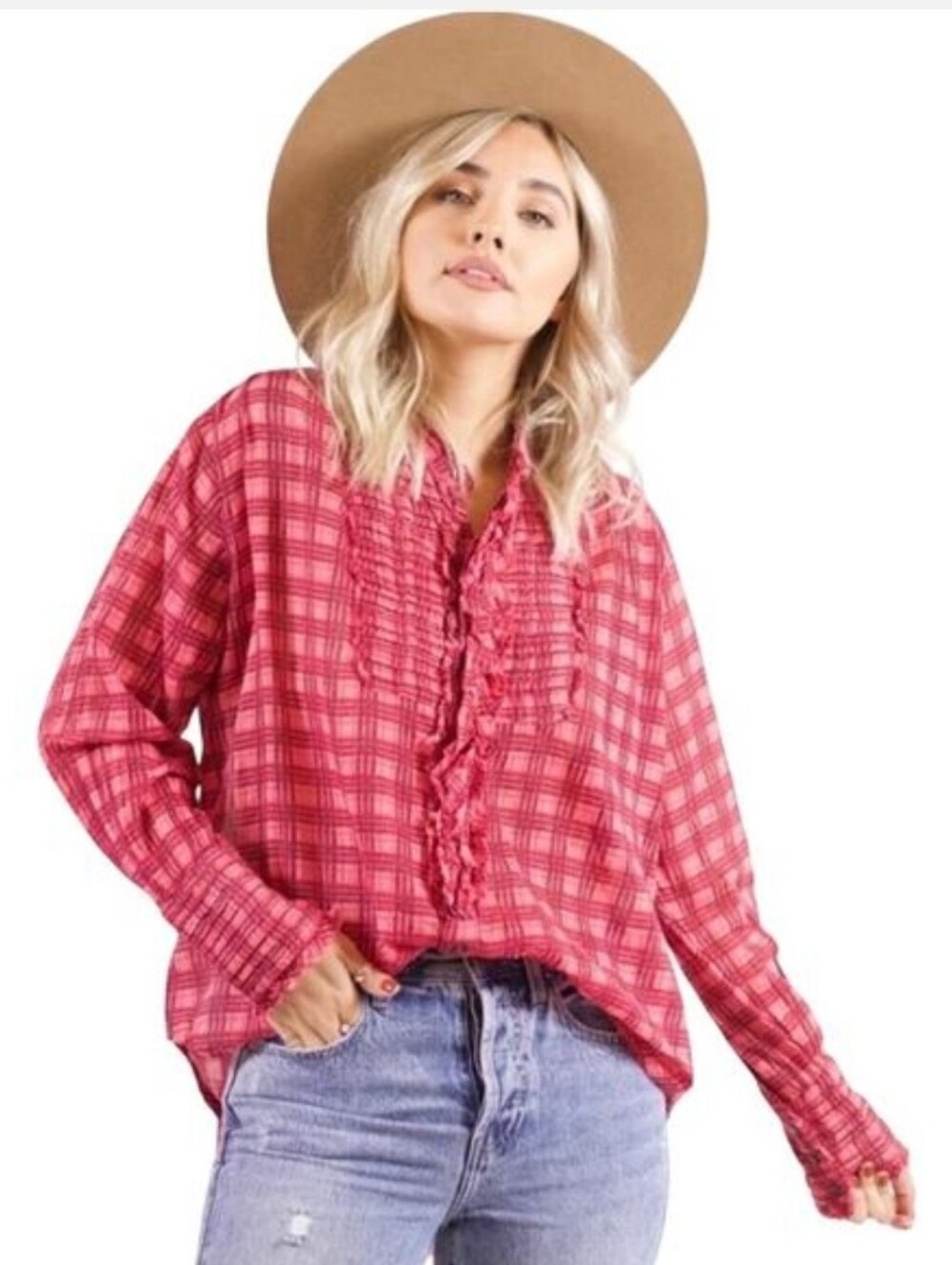 FP One Free People Plaid Miles Tuxedo Ruffle Top In Pink Combo Size Medium